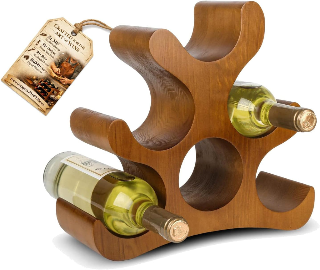 Wooden Wine Rack – Countertop & Freestanding Display – Holds 6 Bottles, Wall-Mountable, Elegant Curved Wine Storage (Brown)
