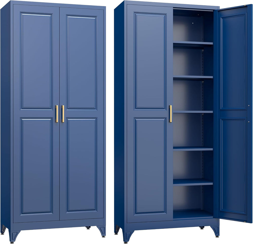 SteeLoong 75”Metal Pantry Storage Cabinet with Doors & 5 Adjustable Shelves | Kitchen Pantry Cabinet,Blue Kitchen Cabinet with 2 Gold Handles,Tall Cabinet for Livingroom,Pantry, Bathroom,Kitchen,Garage
