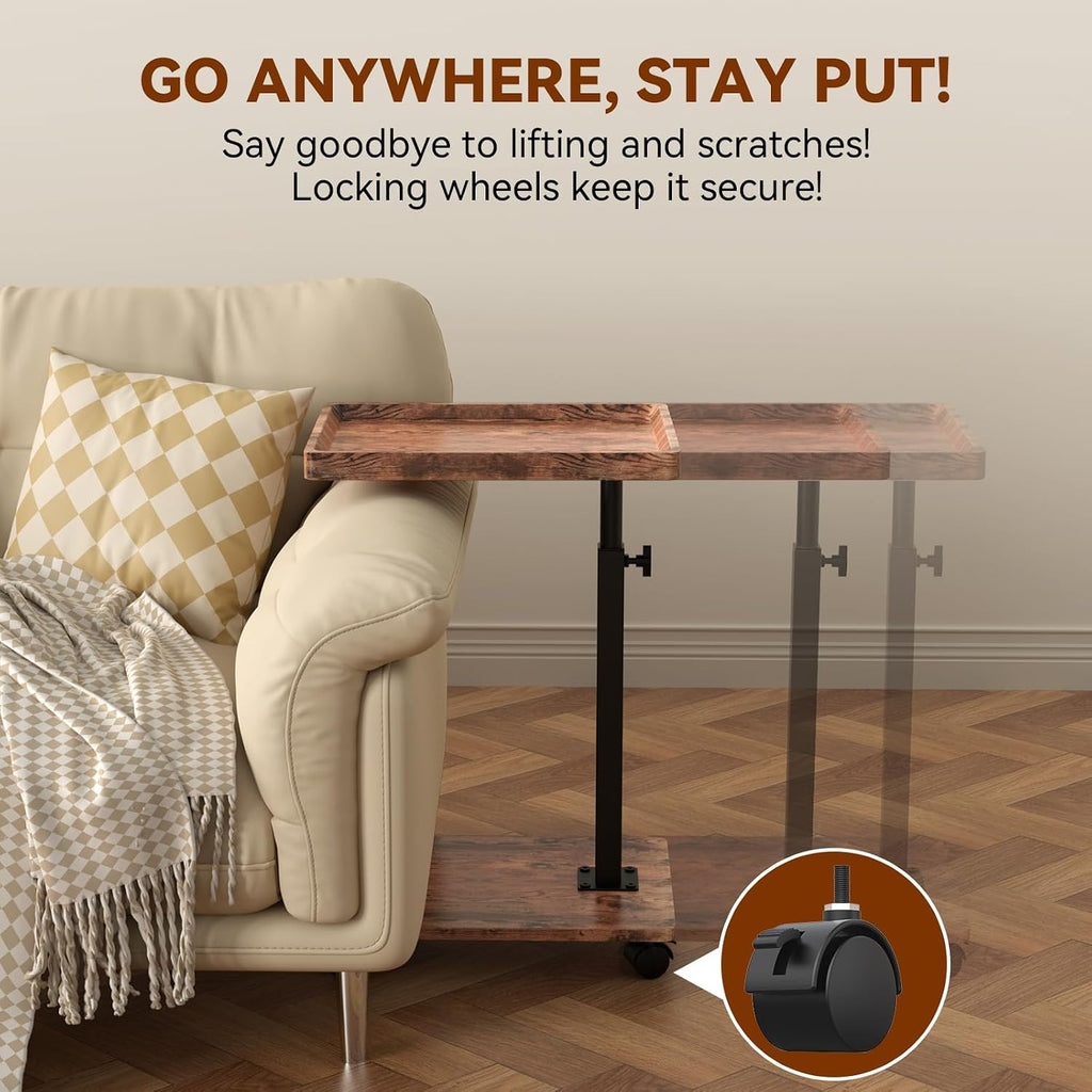 C Table Side Table Adjustable Height, 360°Swivel TV Tray Table with Wheels, Small Table for Eating, Dinner, C Shaped End Tables Living Room and Bedroom for Sofa, Couch, Bed,Chair, Snack