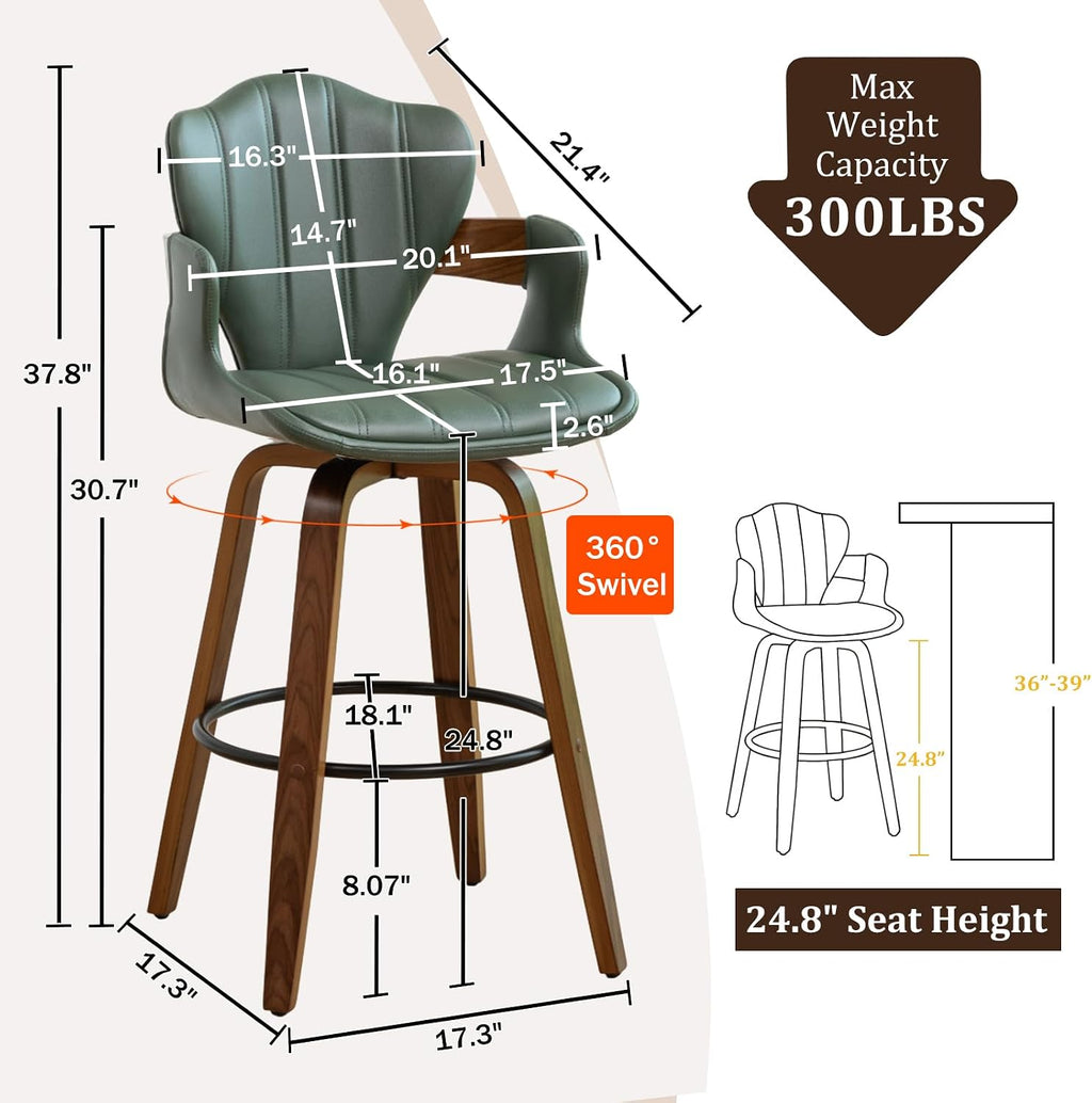 24.8" Swivel Bar Stools Set of 3,Mid Century Modern Counter Height Bar Stools,Green Upholstered Faux Leather Counter Stools with Arms and Fishtail-shaped Back,Walnut Wood Frame Home Bar Chair