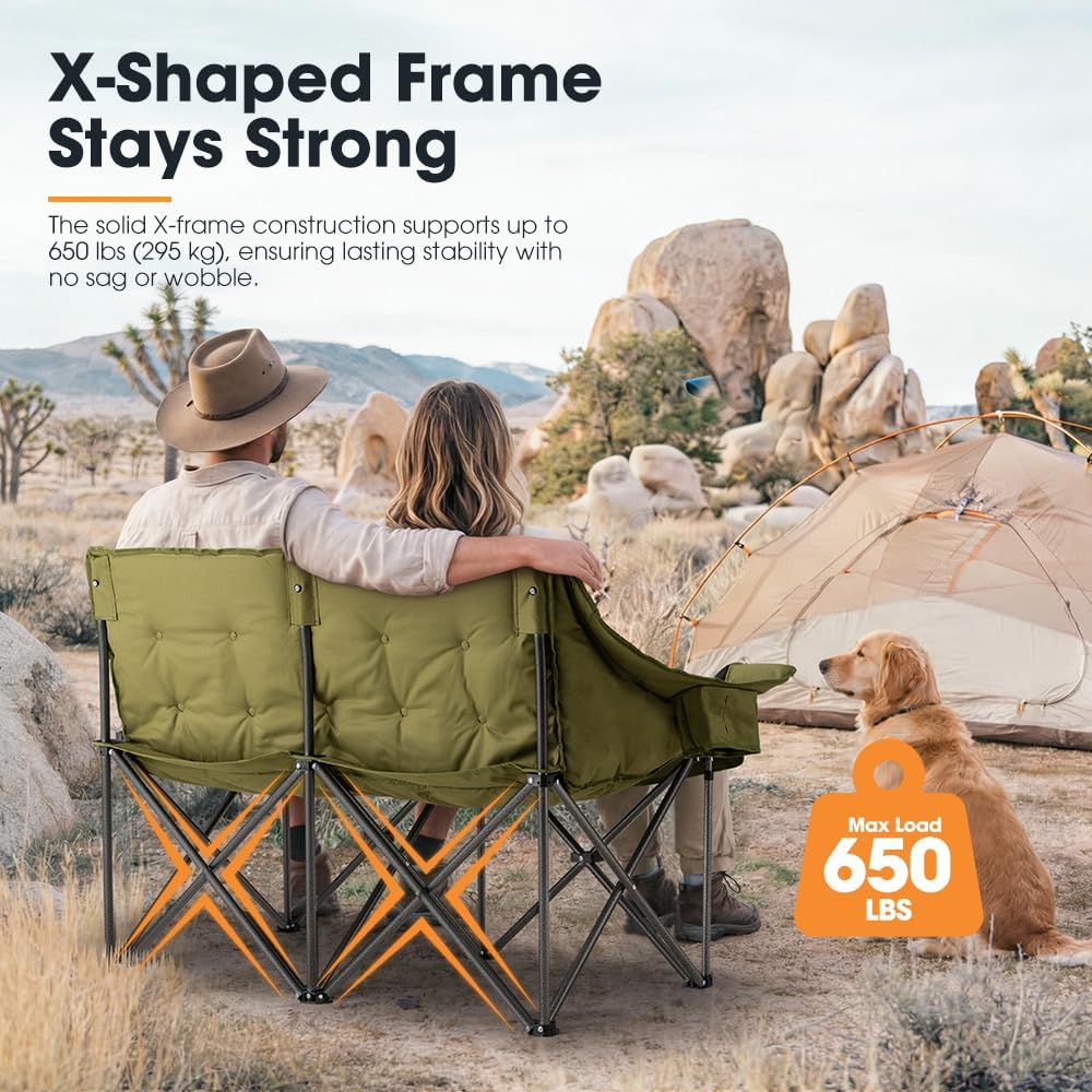 SAN HIMA Double Camping Chair for 2 Person, 650 LBS Heavy Duty Folding Loveseat with 43.7" Thick Padded Seat, Adjustable Cup Holders & Carry Bag, Waterproof Steel Camp Couch for Beach, Lawn & Backyard