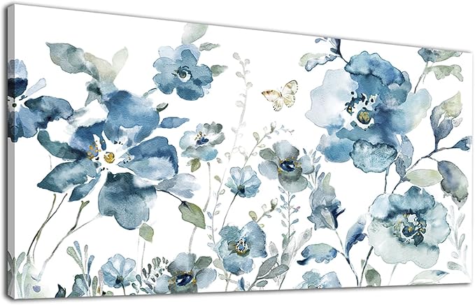 Flower Canvas Wall Art Blue Floral Canvas Painting Pictures for Gallery Wall Decor Butterfly Flies in Indigo Flowers Canvas Prints Artwork for Living Room Bedroom Home Wall Decorations 40" X 20"