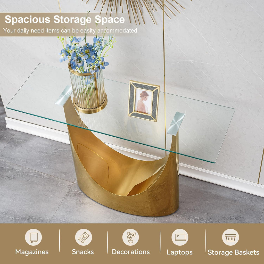 Luxury Gold Glass Console Table, Modern 47" Rectangle Entryway Table with Mirrored U-Shape Stainless Steel Base, Clear Glass Sofa Tables Behind The Couch Hallway Tables for Living Room