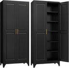 SteeLoong 75”Metal Pantry Storage Cabinet with Doors & 5 Adjustable Shelves | Kitchen Pantry Cabinet,Black Kitchen Cabinet with 2 Gold Handles,Tall Cabinet for Livingroom,Pantry, Bathroom,Kitchen,Garage