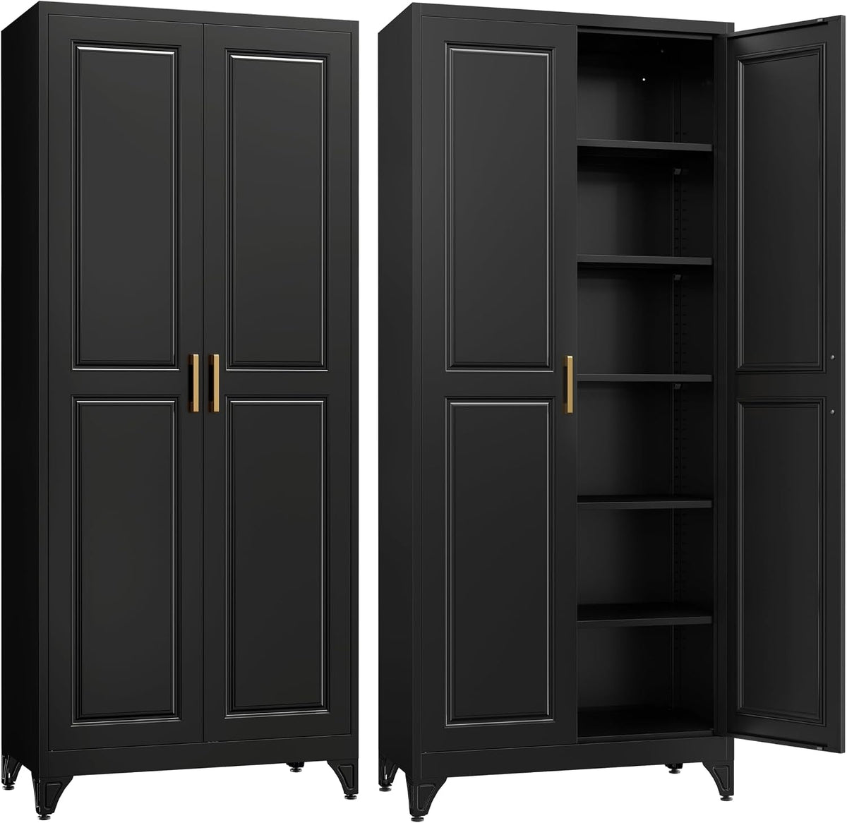 SteeLoong 75”Metal Pantry Storage Cabinet with Doors & 5 Adjustable Shelves | Kitchen Pantry Cabinet,Black Kitchen Cabinet with 2 Gold Handles,Tall Cabinet for Livingroom,Pantry, Bathroom,Kitchen,Garage