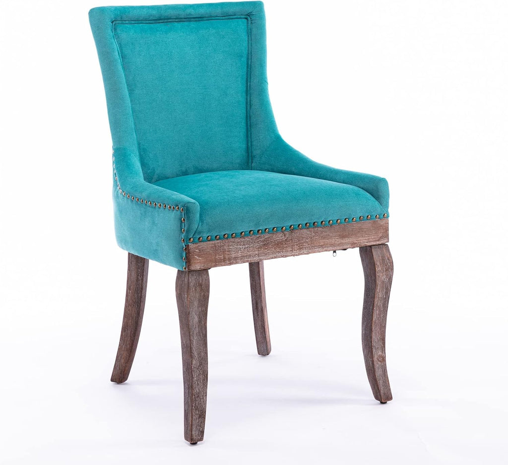 Ball & Cast Mid-Century Upholstered Dining Chairs Set of 2, Thickened Fabric Wingback Kitchen Chairs with Bronze Nail Head & Toned Solid Wood Legs, Blue