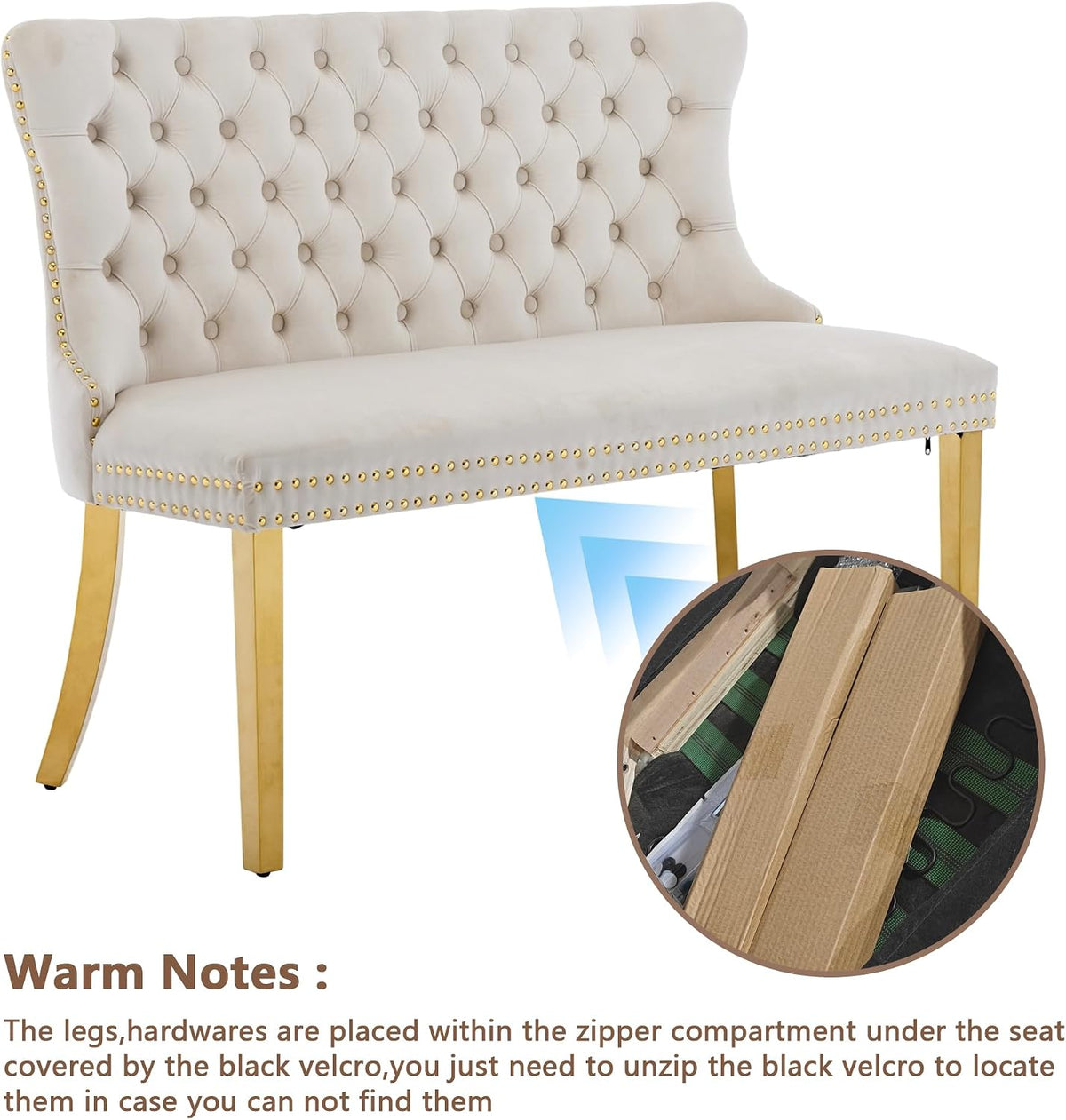 mikibama Luxury Settee Dining Bench with Back,Velvet Upholstered Banquette Benches with Nailhead Trim,Button Tufted Small Loveseat Sofa Couch Booth Seating for Small Spaces(Beige Gold)