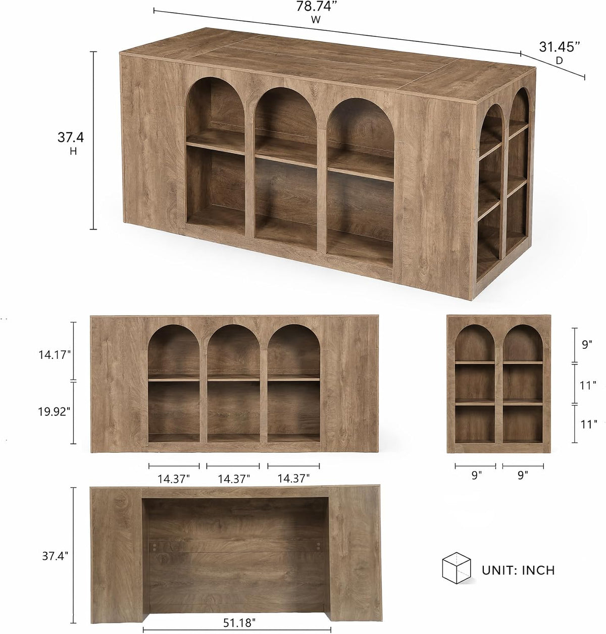 Tribesigns 78.7" Large Kitchen Island Table with Storage & Seating Space | Farmhouse Island Table with Arched Open Shelves, Modern Stationary Island Storage Table for Kitchen Dining Room, Brown