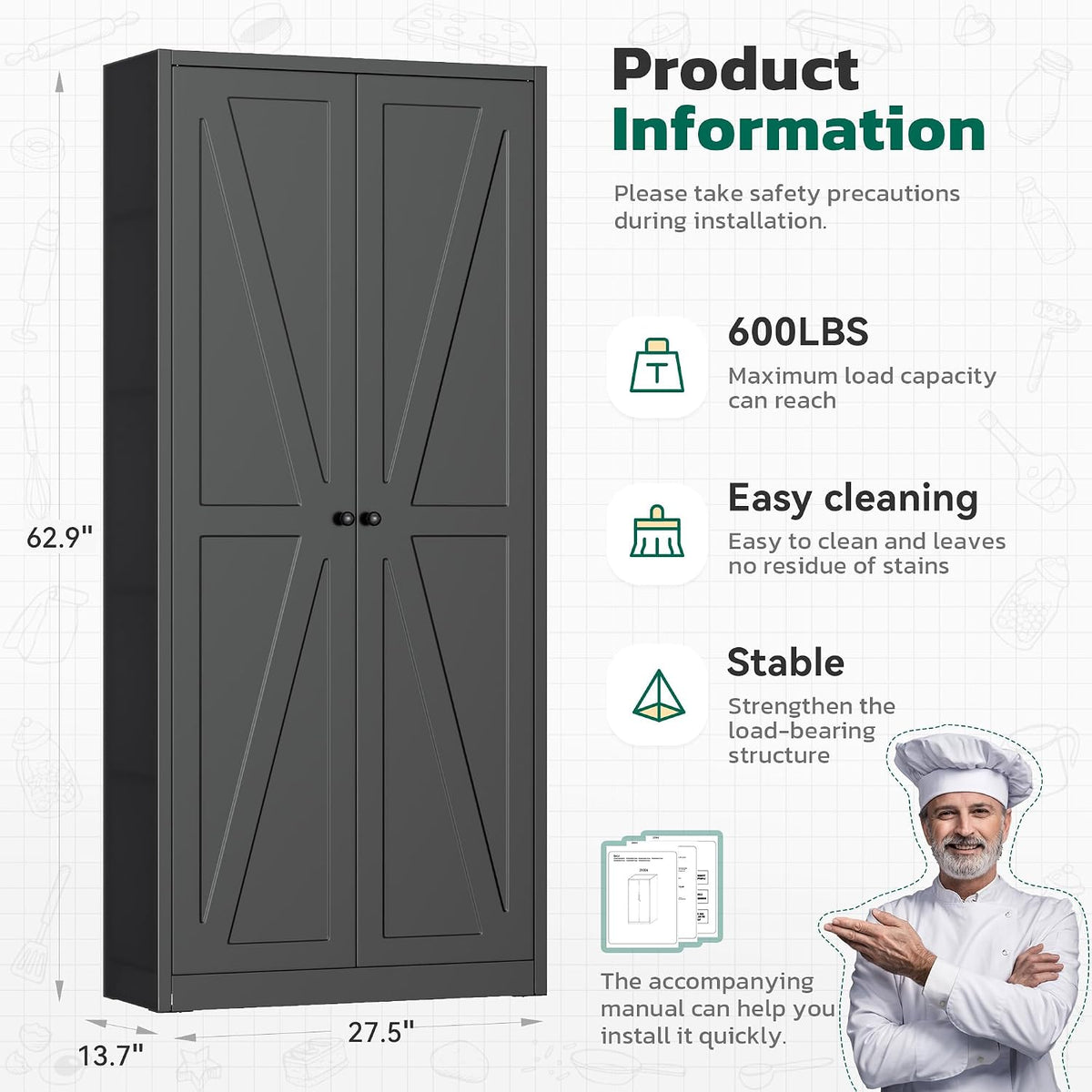 Greenvelly 63" H Black Farmhouse Metal Pantry Cabinet, Kitchen Pantry Storage Cabinets with 2 Doors and Adjustable Shelves, Kitchen Pantry Cabinets for Home, Garage and Bedroom