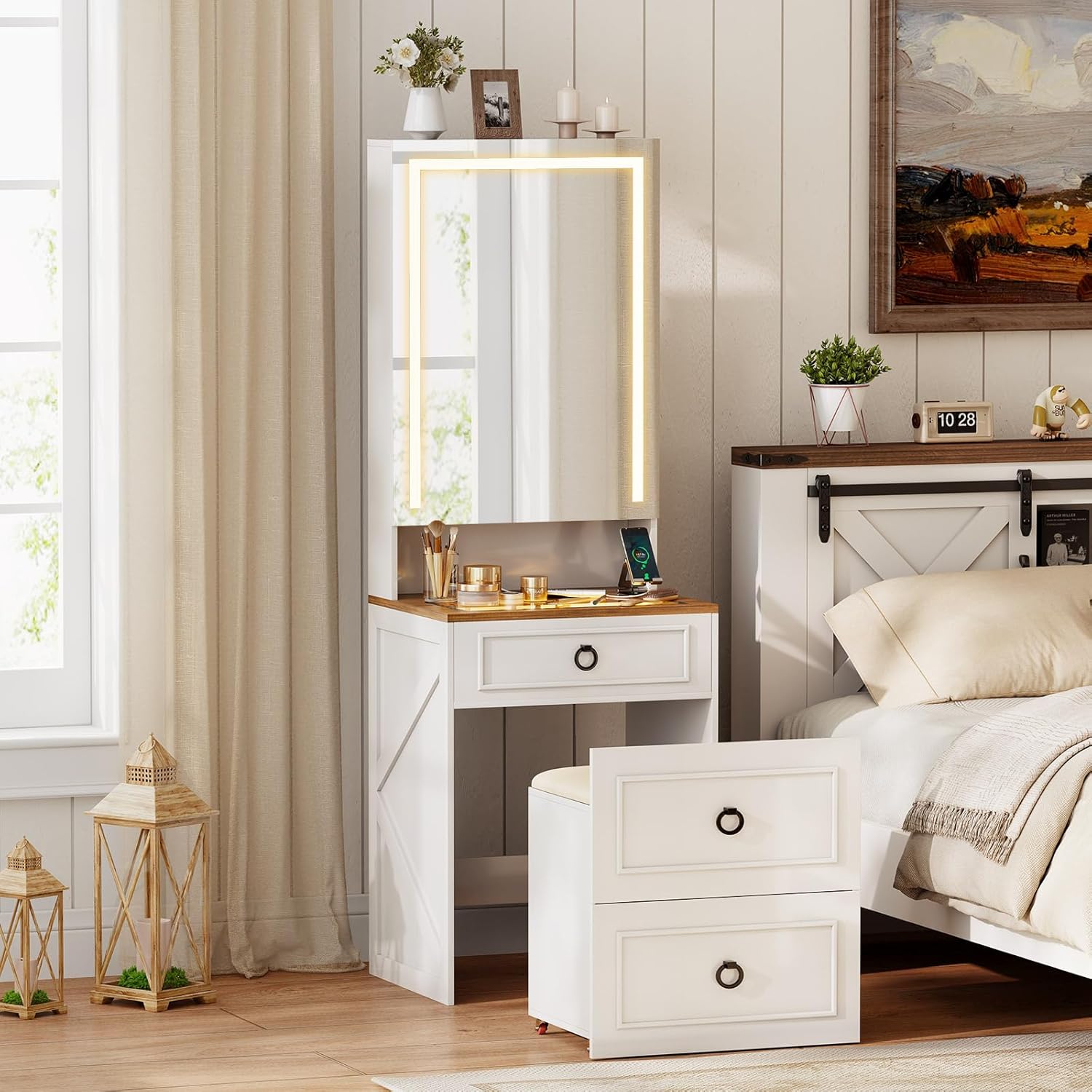 Small Vanity Desk with Mirror and Lights, Charging Station(White) | Makeup Vanity Desk Set with Glass Top & Jewelry Cabinet ,Compact Dressing Table with Storage Wheel Stool for Bedroom