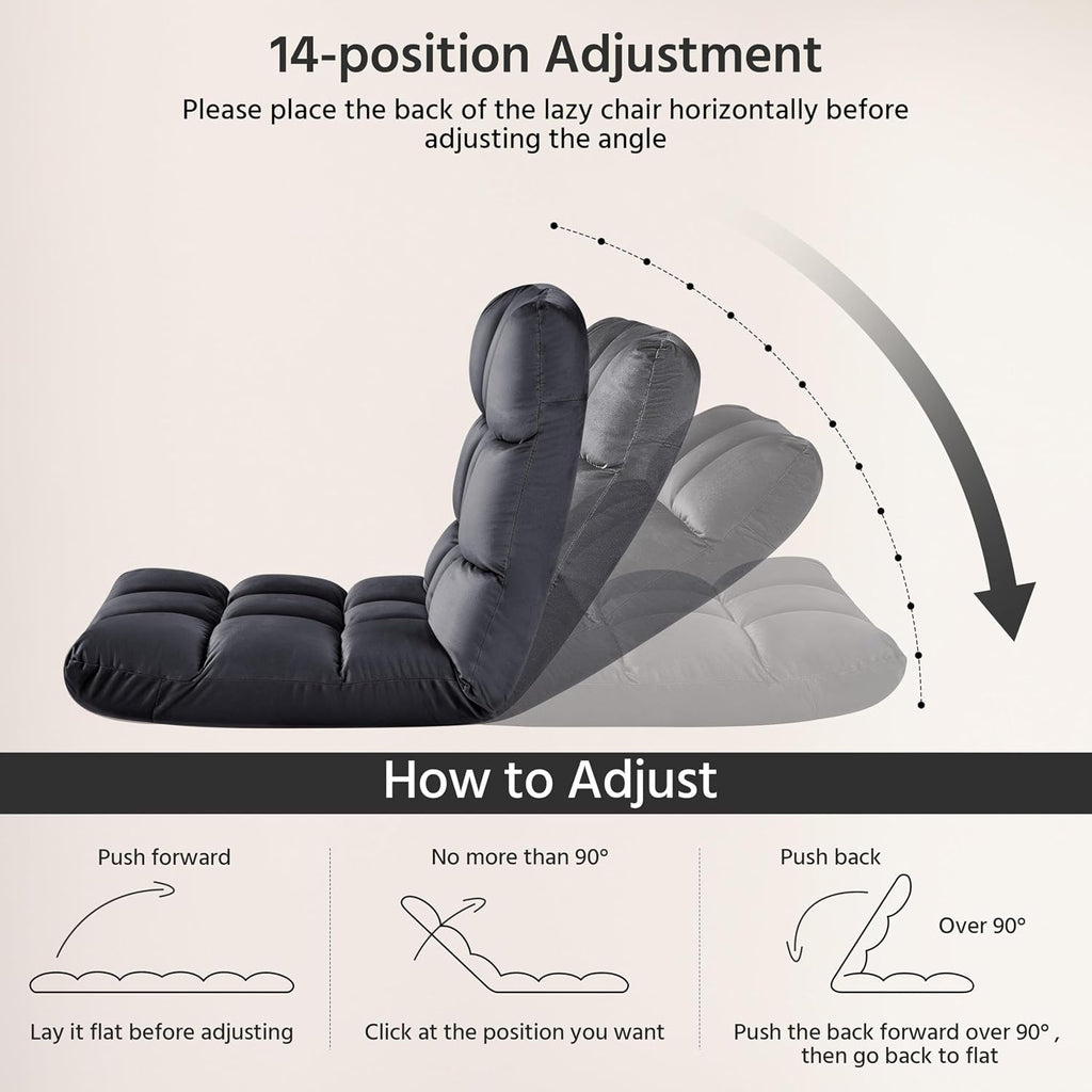Yaheetech 14-Position Folding Floor Chair with Adjustable Back Support Gray | Velvet Floor Gaming Chair with Thick Foam, Iron Frame Floor Seat, Easy to Store, Lazy Recliner for Yoga Meditation