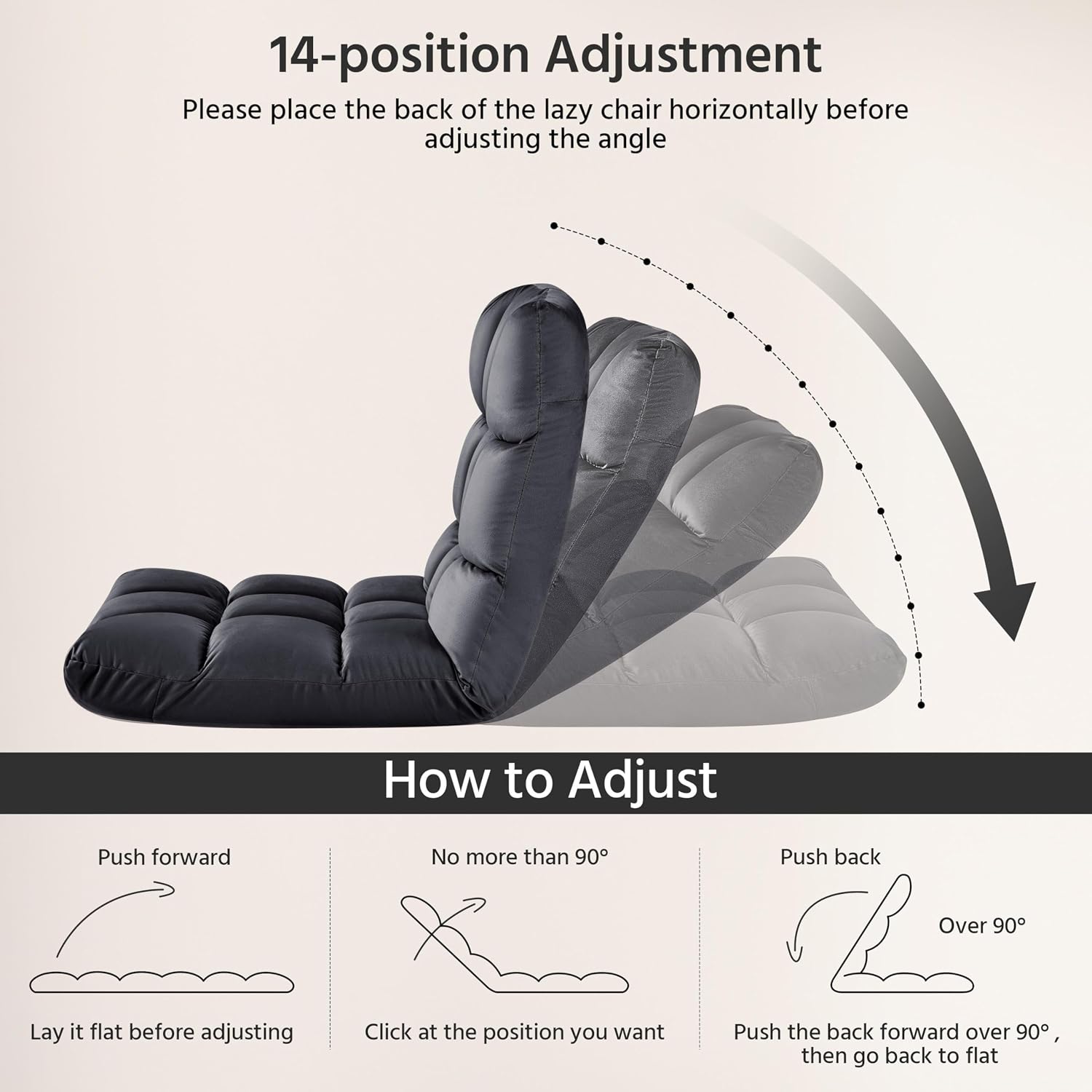 Yaheetech 14-Position Folding Floor Chair with Adjustable Back Support Gray | Velvet Floor Gaming Chair with Thick Foam, Iron Frame Floor Seat, Easy to Store, Lazy Recliner for Yoga Meditation