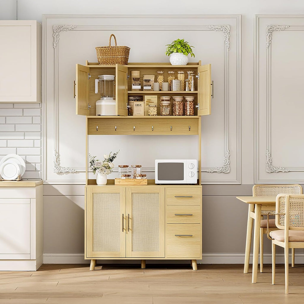 71" Tall Kitchen Pantry Cabinet, Freestanding Rattan Boho Hutch with Microwave Shelf, 3 Drawers & 6 Hooks for Kitchen, Living & Dining Room Storage-Natural