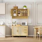 71" Tall Kitchen Pantry Cabinet, Freestanding Rattan Boho Hutch with Microwave Shelf, 3 Drawers & 6 Hooks for Kitchen, Living & Dining Room Storage-Natural