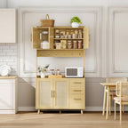 71" Tall Kitchen Pantry Cabinet with Storage, Freestanding Hutch Sideboard Buffet Cabinet with Rattan Door, 3 Drawers, 6 Hooks, Adjustable Shelves, Microwave Stand Countertop for Living Room