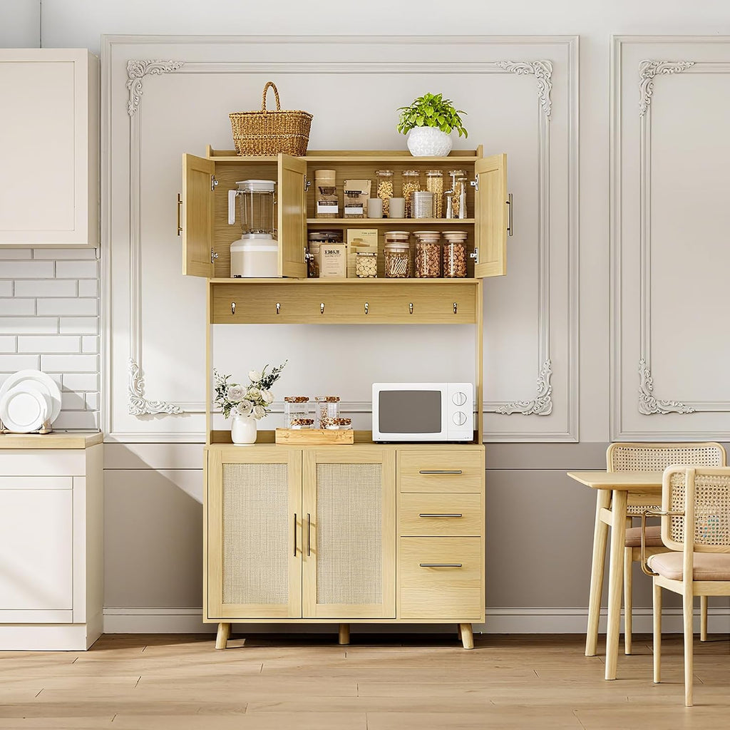 71" Tall Rattan Door Kitchen Pantry Cabinet, Freestanding Storage Hutch with 3 Drawers, 6 Hooks, Adjustable Shelves, Microwave Stand for Living Room, Kitchen