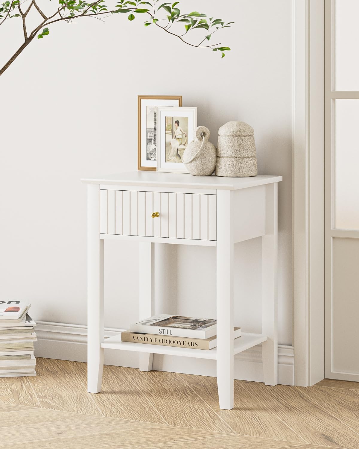 Fluted Nightstand, Farmhouse Night Stand with 1 Drawers, Mid Century Modern Side Accent Table,Bedside End Table for Bedroom, Living Room, White
