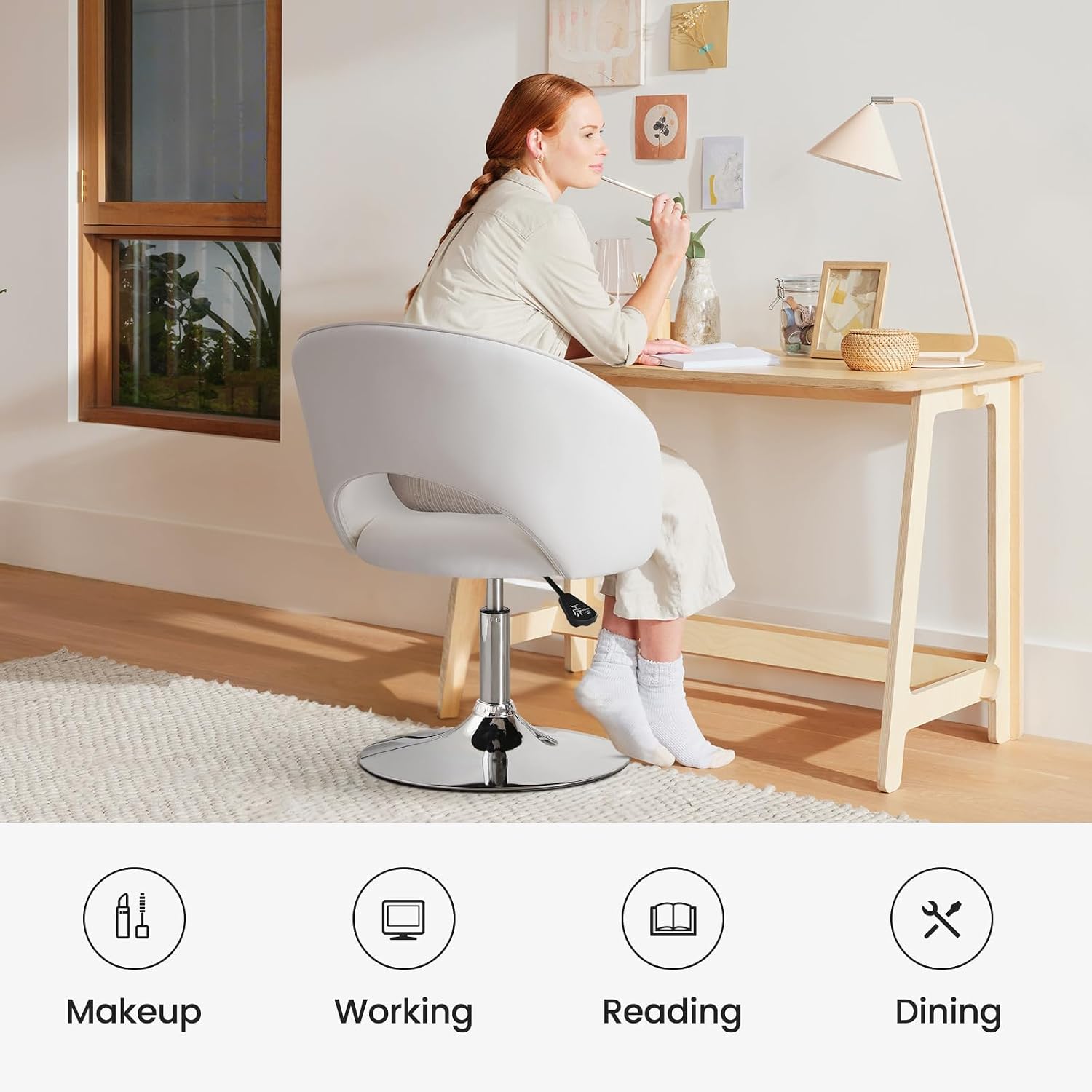Furniliving Makeup Vanity Chair, Flexible Round-Back Accent Chair with Plated Frame, Height Adjustable Swivel Chairs for Bedroom Charming Chair, Living Room, Office, PU, White