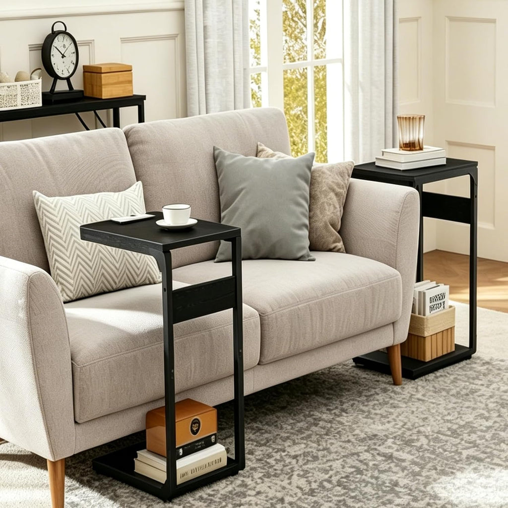 Wood Pedestal Small Sofa Side Table for Couch C Shaped End Table TV Trays Eating, Coffee Drink Dinner Food TV Tray Tables Slide Under Couch Night Stand Over Bedroom Bedside Living Room Black ET-YB-BK1