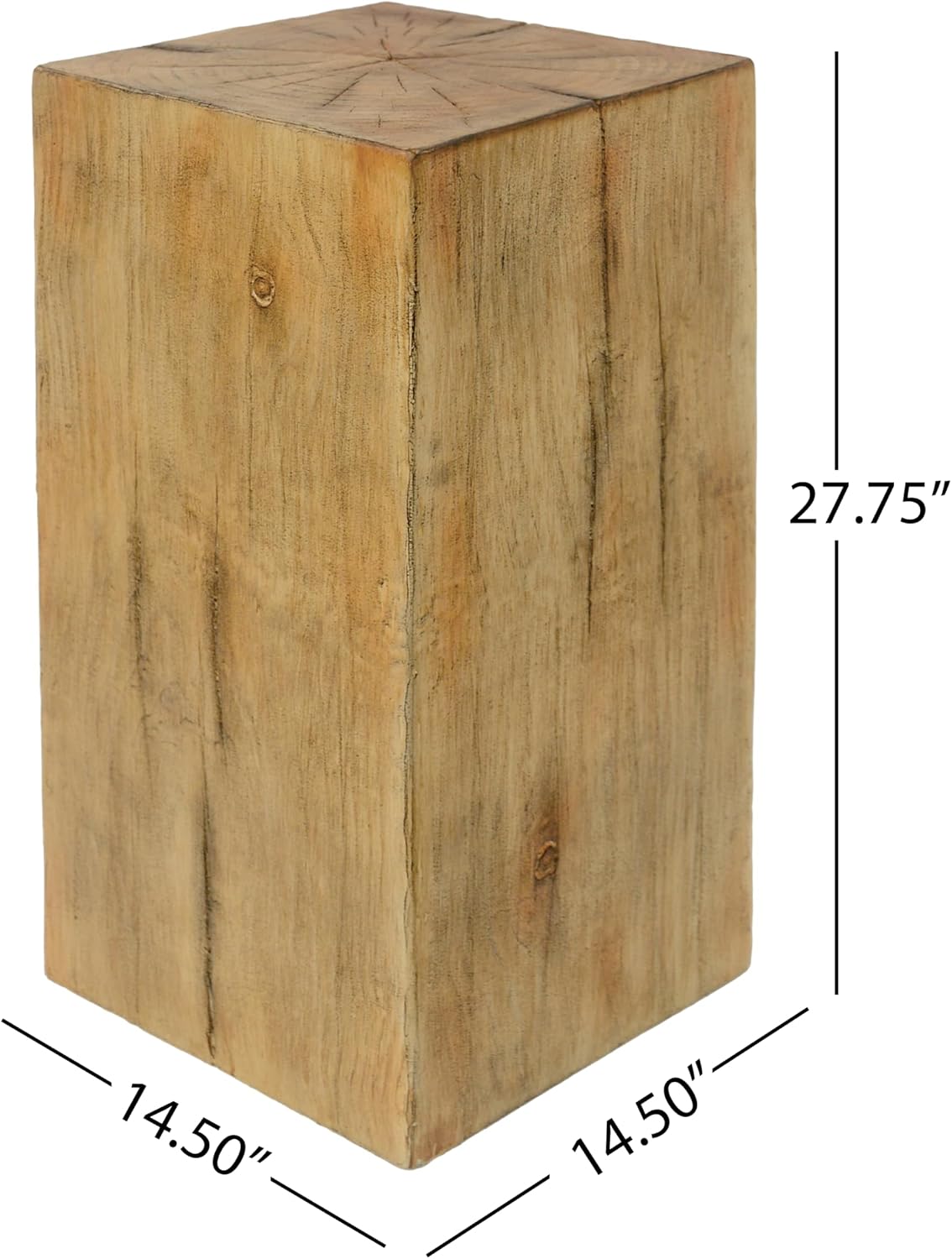 27.75" Tall End Table, Square Wood-Look Column for Indoor & Outdoor Use, Distressed Finish Side Table in Natural, Patio & Living Room Accent Table, Balcony Furniture
