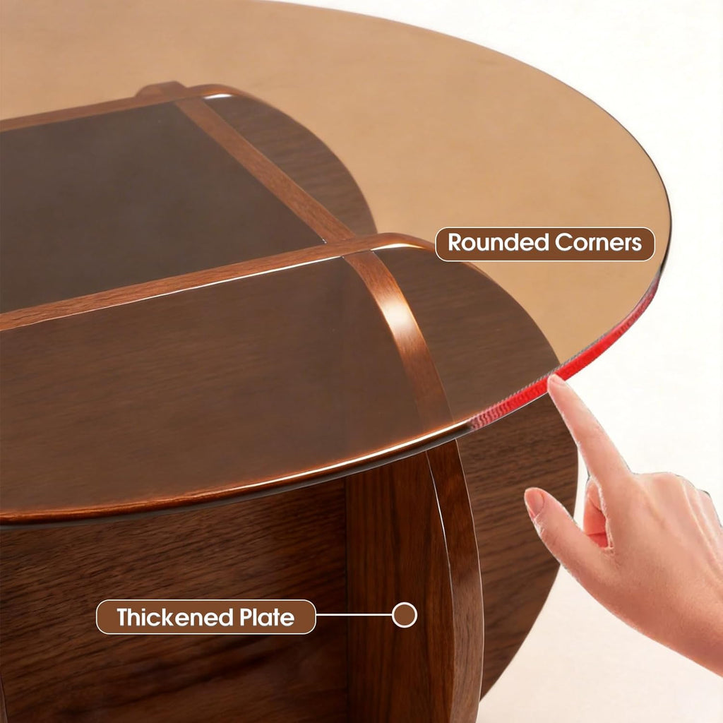 Modern Round Coffee Table with Solid Wood Legs,31.5'' Glass Coffee Tables for Living Room Rustic Circle Center Cocktail Table with Tempered Glass-Top,for Small Spaces, Unique