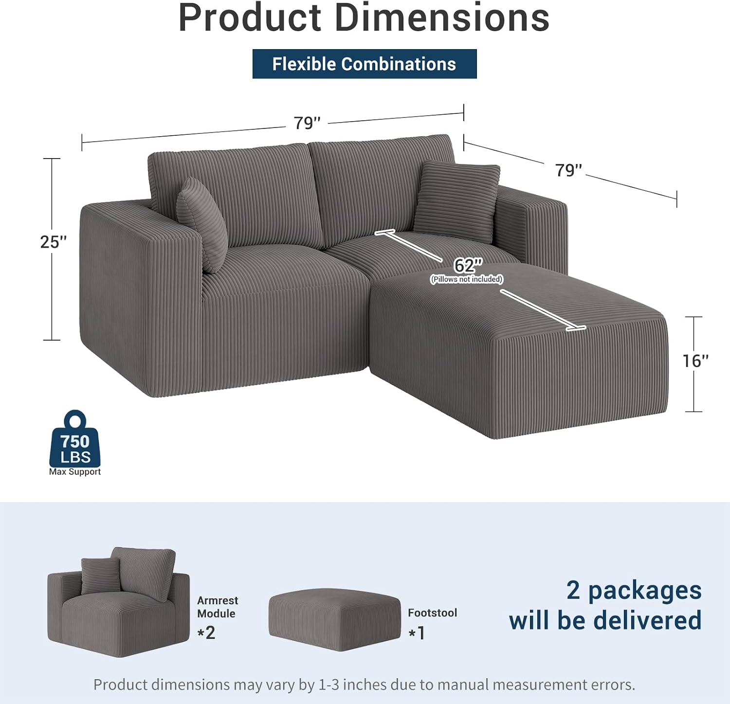 Modular Sleeper Sofa Couch Modern Sectional Couches for Living Room - 79" L-Shaped Cloud Couch - Easy Assembly Corduroy Convertible Sponge Compression Sofas with Chaise for Home House(Grey)