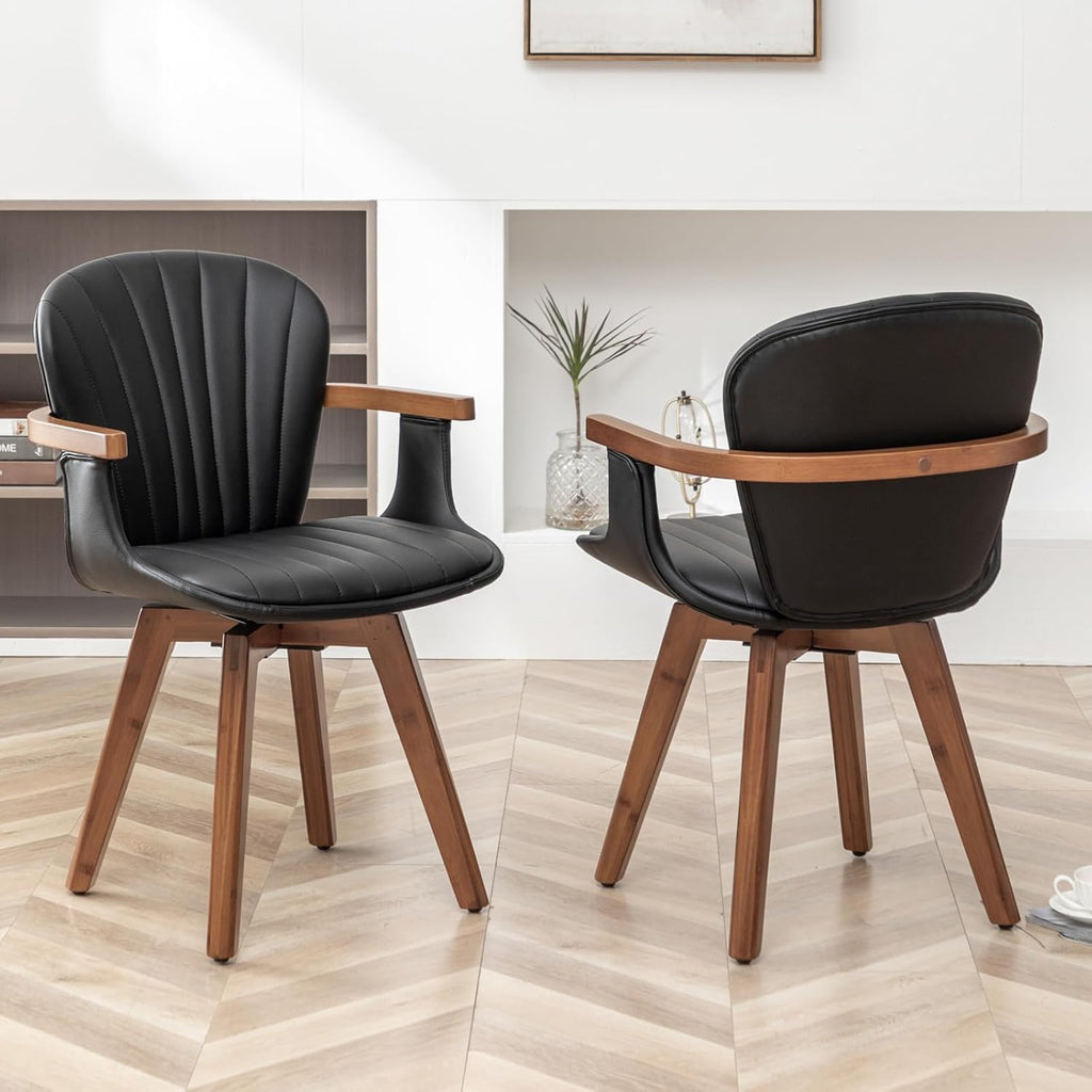 LUNLING Swivel Dining Room Chairs Set of 2 Mid Century Modern Black Faux Leather Kitchen Chairs with Arms Bamboo Legs Side Chairs No Wheels Bentwood Frame Accent Chair for Dining Rooms and Offices