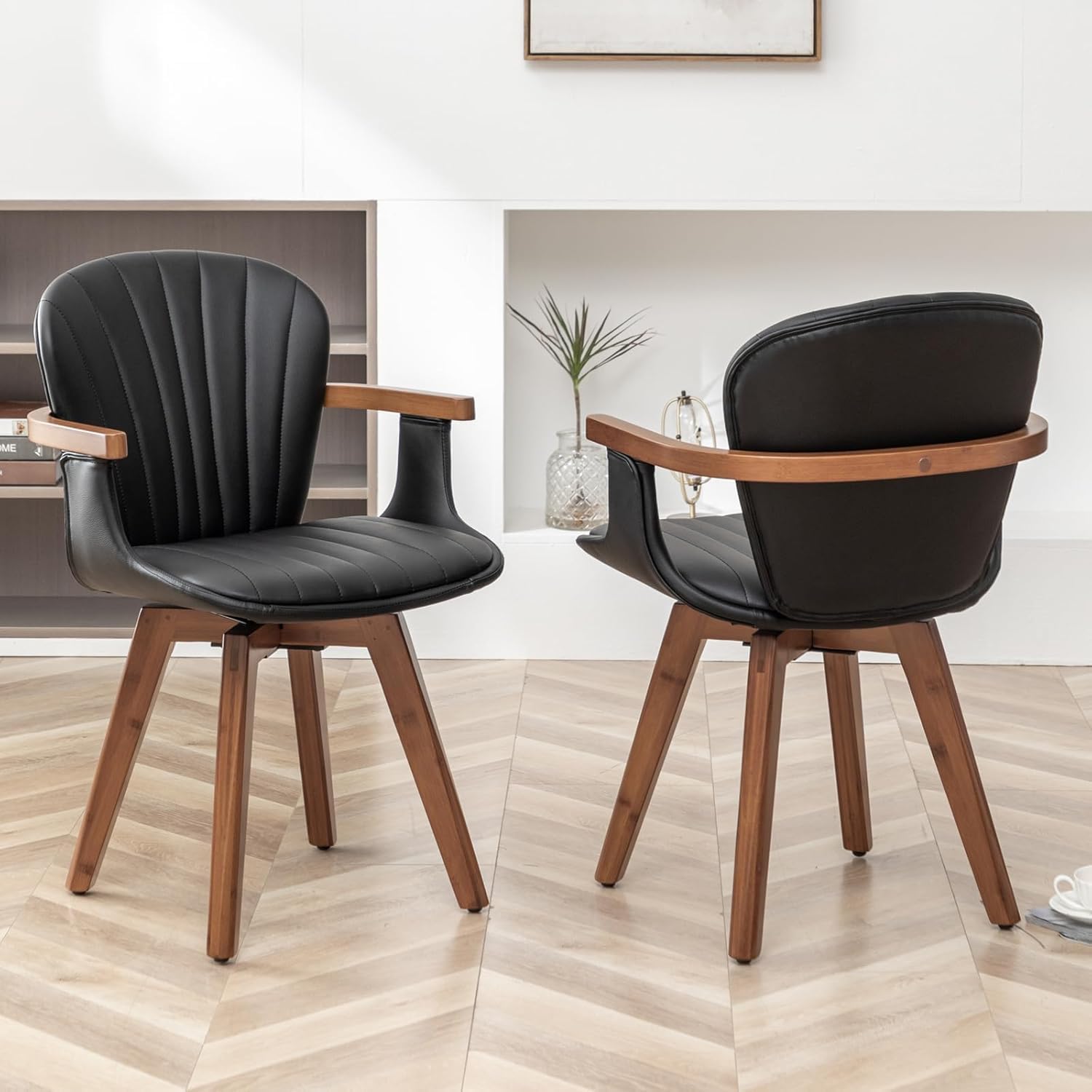 LUNLING Swivel Dining Room Chairs Set of 2 Mid Century Modern Black Faux Leather Kitchen Chairs with Arms Bamboo Legs Side Chairs No Wheels Bentwood Frame Accent Chair for Dining Rooms and Offices