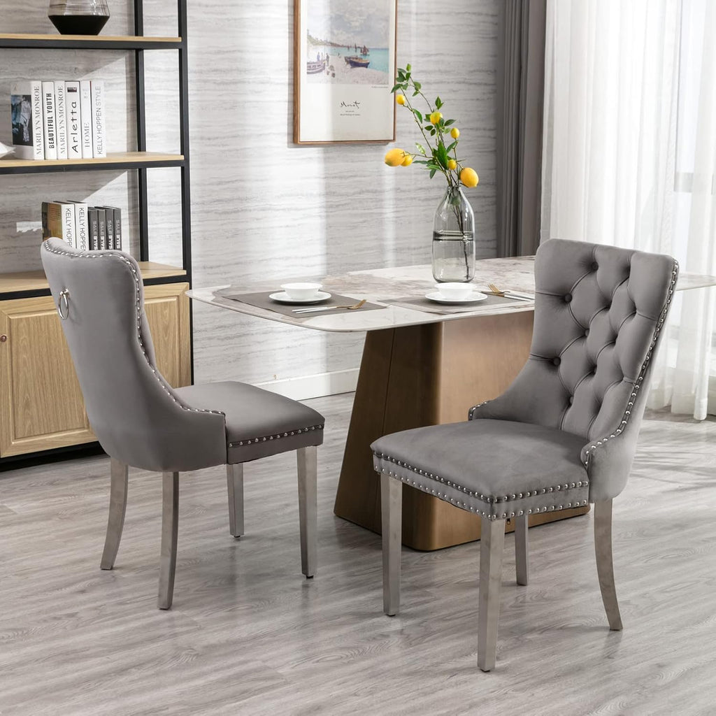 Extendable Dining Table Set of 6, White Rustic Kitchen Dining Table & 6 Gray Velvet Dining Chairs with Stainless Leg, 62.99"-78.74" Dining Room Table and Chairs Set, Modern 7 Piece Dining Set