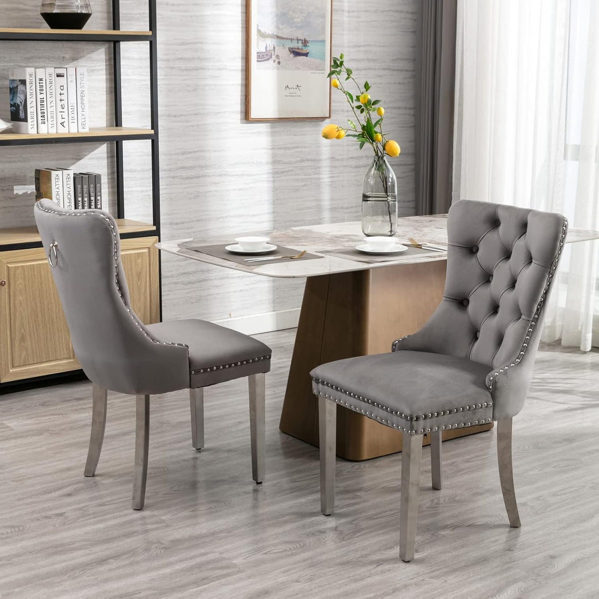 Extendable Dining Table Set of 6, White Rustic Kitchen Dining Table & 6 Gray Velvet Dining Chairs with Stainless Leg, 62.99"-78.74" Dining Room Table and Chairs Set, Modern 7 Piece Dining Set