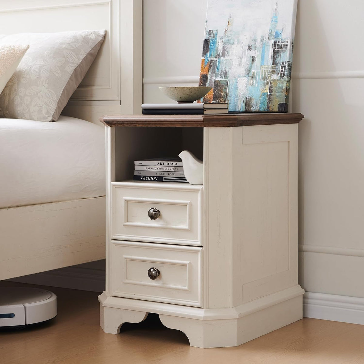 T4TREAM Farmhouse Nightstand Set of 2 with Charging Station, 18" End Table with 2 Drawers, Wood Side Table, Bedside Cabinet for Bedroom, Living Room (Antique White)