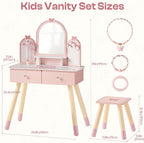 ROBOTIME Pink Kids Vanity Set with Butterfly Mirror Stool Age 3+, 39in×27in | Dress-up and makeup pretend play, butterfly mirror with stool and 2 drawers, builds confidence, birthday gift for age 3+