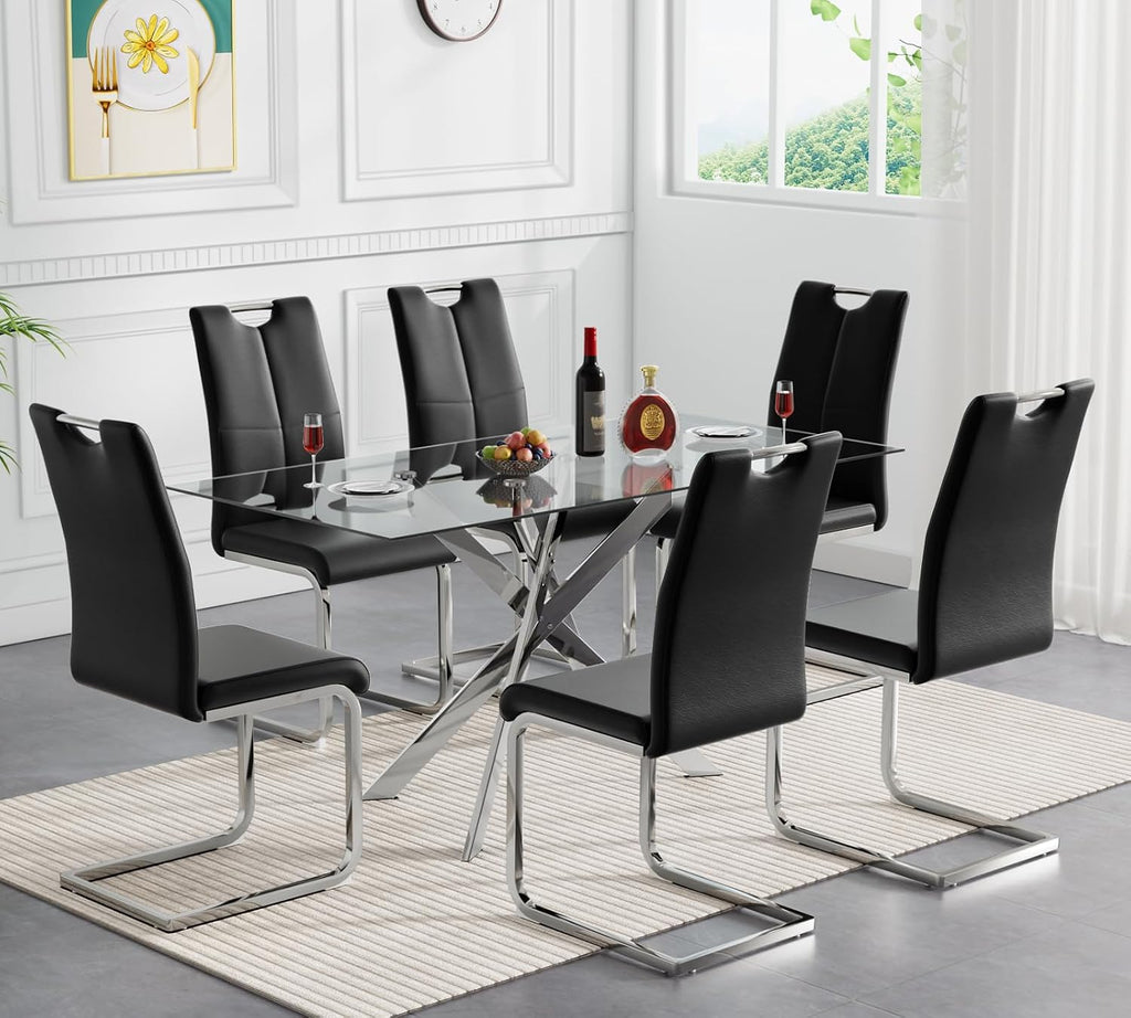 Modern Glass Dining Table Set for 6, Glass Silver Kitchen Table and Chairs Set, 7 Piece Dining Room Table Set with 51" Rectangle Dinner Table and 6 Black Leather Dining Chairs