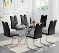 Modern Glass Dining Table Set for 6, Glass Silver Kitchen Table and Chairs Set, 7 Piece Dining Room Table Set with 51" Rectangle Dinner Table and 6 Black Leather Dining Chairs