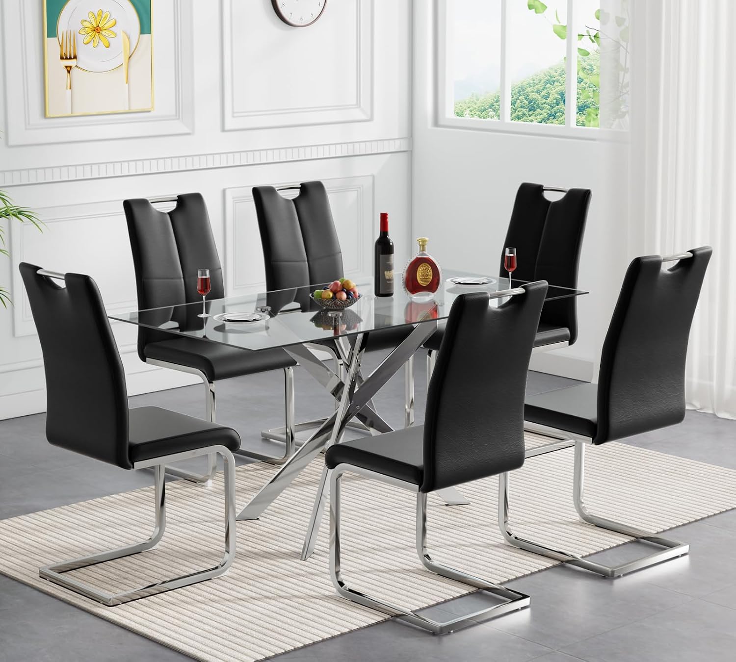 Modern Glass Dining Table Set for 6, Glass Silver Kitchen Table and Chairs Set, 7 Piece Dining Room Table Set with 51" Rectangle Dinner Table and 6 Black Leather Dining Chairs