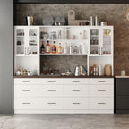 Kitchen Storage Cabinet with Glass Doors & Shelves, Kitchen Pantry with 12 Drawers, for Dining Room, White 94.5”W x 15.8”D x 83.3”H