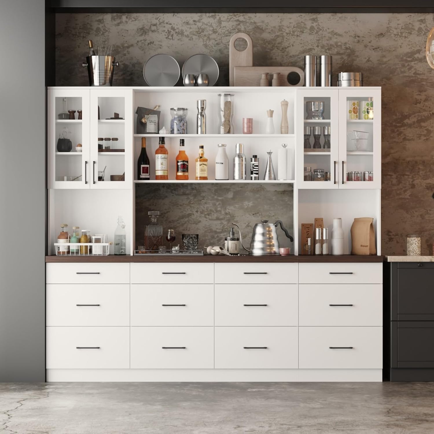 Kitchen Storage Cabinet with Glass Doors & Shelves, Kitchen Pantry with 12 Drawers, for Dining Room, White 94.5”W x 15.8”D x 83.3”H
