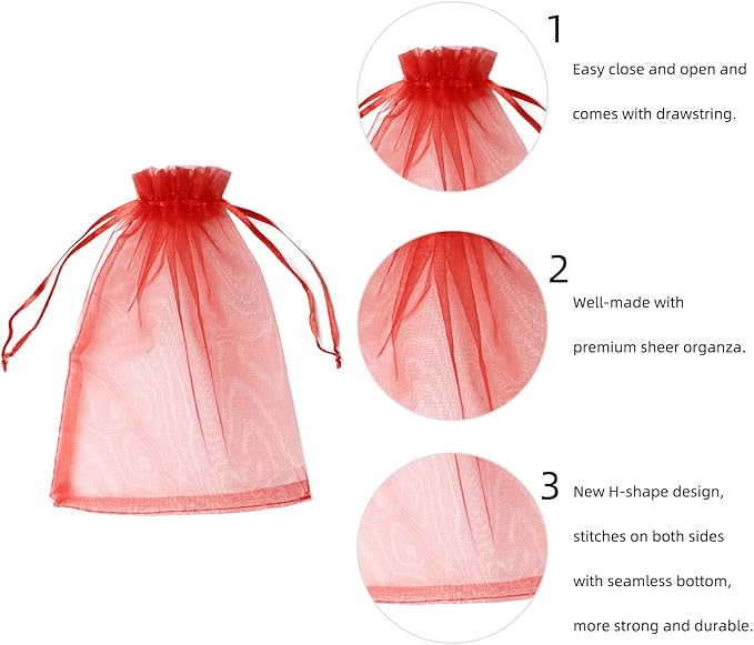 Wudygirl 100PCS Organza Bags 5X7 Inch Favor Bags Jewelry Bags Drawstring for Christmas Candy Wedding Favor Party Baby Shower(Red 5X7)