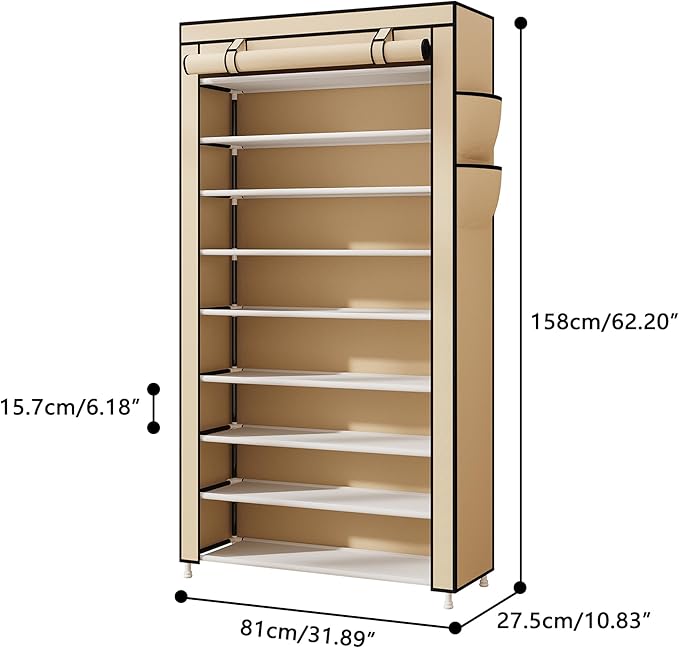 Laiensia 9-Tier Shoe Rack ，Space Saving Shoe Storage Organizer Non-Woven Cover Shoe Shelf Holds 36-45 Pairs for Bedroom, Hallway, Entryway, Beige