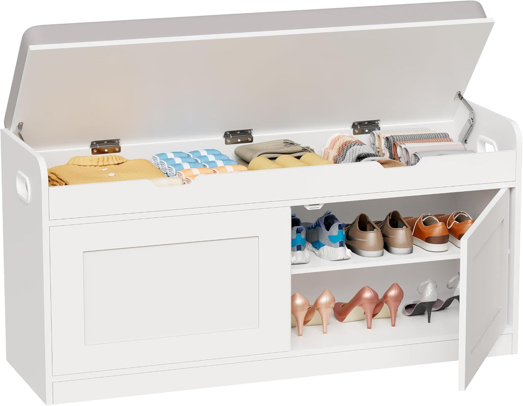2-Tier Storage Bench, 39.4" Wide Shoe Bench with Lift-Up Top, Shoe Storage Bench with Cushion, Shoe Cabinet with Handleless Doors and Adjustable Shelf for Entryway, Bedroom, White KHD02W