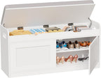 2-Tier Storage Bench, 39.4" Wide Shoe Bench with Lift-Up Top, Shoe Storage Bench with Cushion, Shoe Cabinet with Handleless Doors and Adjustable Shelf for Entryway, Bedroom, White KHD02W