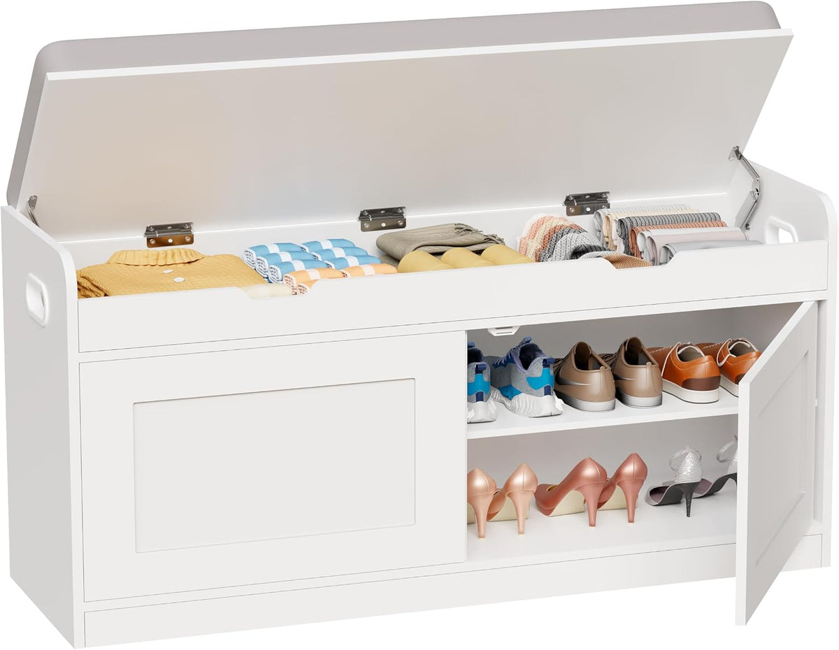 2-Tier Storage Bench, 39.4" Wide Shoe Bench with Lift-Up Top, Shoe Storage Bench with Cushion, Shoe Cabinet with Handleless Doors and Adjustable Shelf for Entryway, Bedroom, White KHD02W