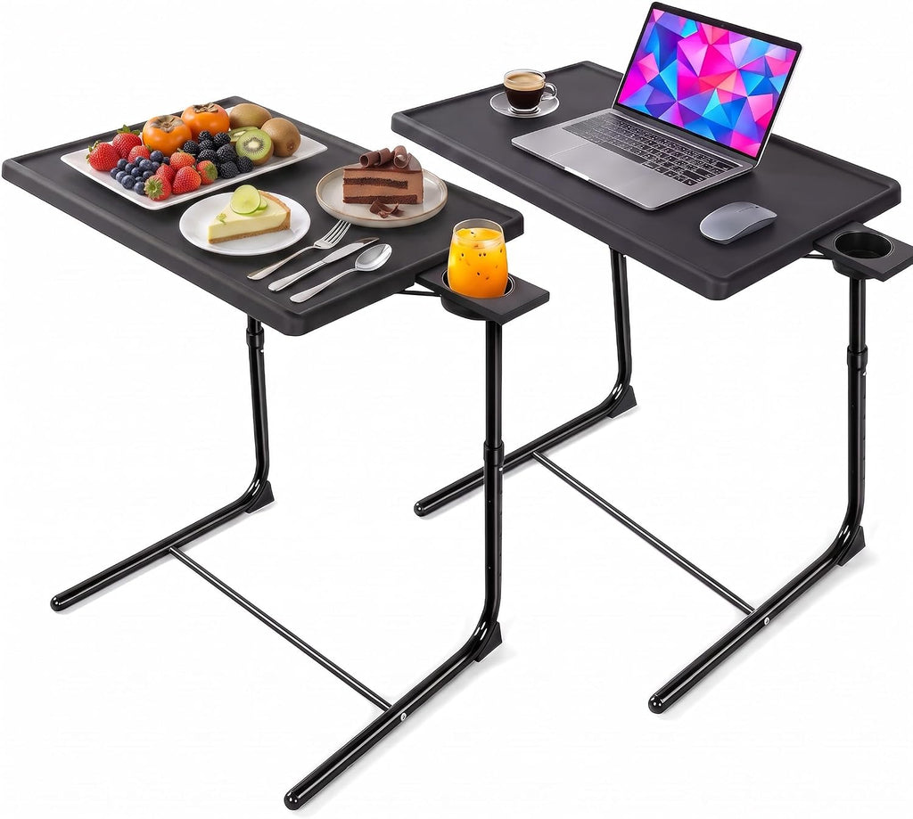 HUANUO TV Trays Set of 2, TV Tray with 6 Height & 3 Tilt Adjustments, Black | 21.53" - 28.74" Height Range, Foldable, Cup Holder, Crossbar for Stability, for Eating, Working, Drawing on Sofa, Bed