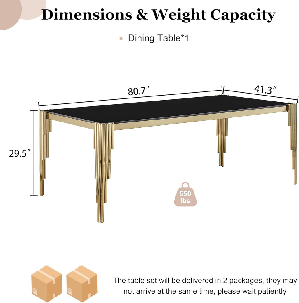 80" Large Glass Dining Table, Modern Rectangle Kitchen Table with Gold Stainless Steel Tubular Legs and Tempered Glass Top for Dining Room, Kithchen(Black)