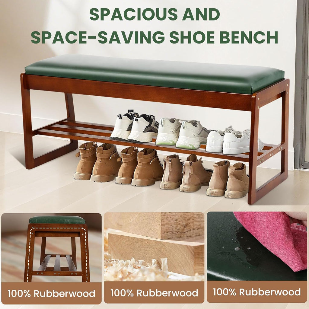 FAHKNS Shoe Bench with Leather Cushion 2 Tiers Shoe Rack 39.4" Rubberwood Shoe Organizer for Hallway, Living Room, Bedroom, Closet