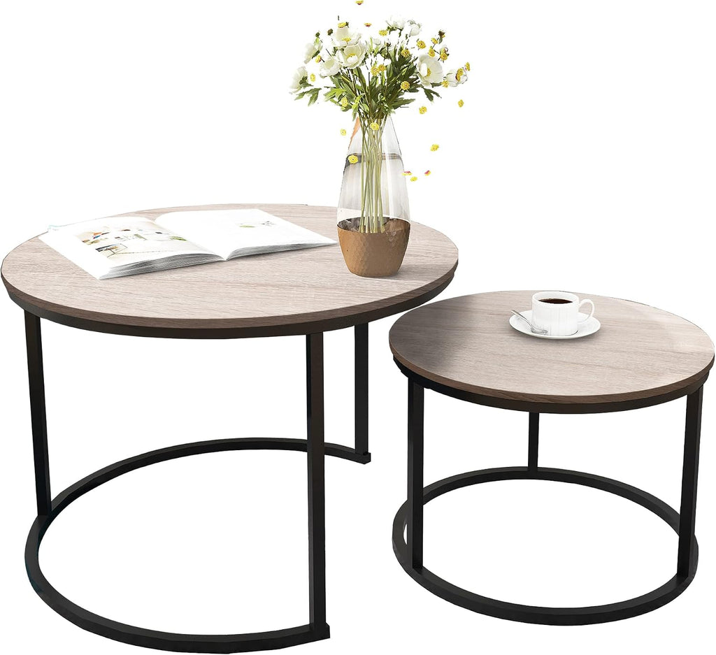HOMERECOMMEND Round Coffee Tables Nesting Side Set of 2 End Tables for Living Room,Round Table with Solid Powder-Coated Metal Frame Natural Wood Color