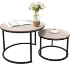HOMERECOMMEND Round Coffee Tables Nesting Side Set of 2 End Tables for Living Room,Round Table with Solid Powder-Coated Metal Frame Natural Wood Color