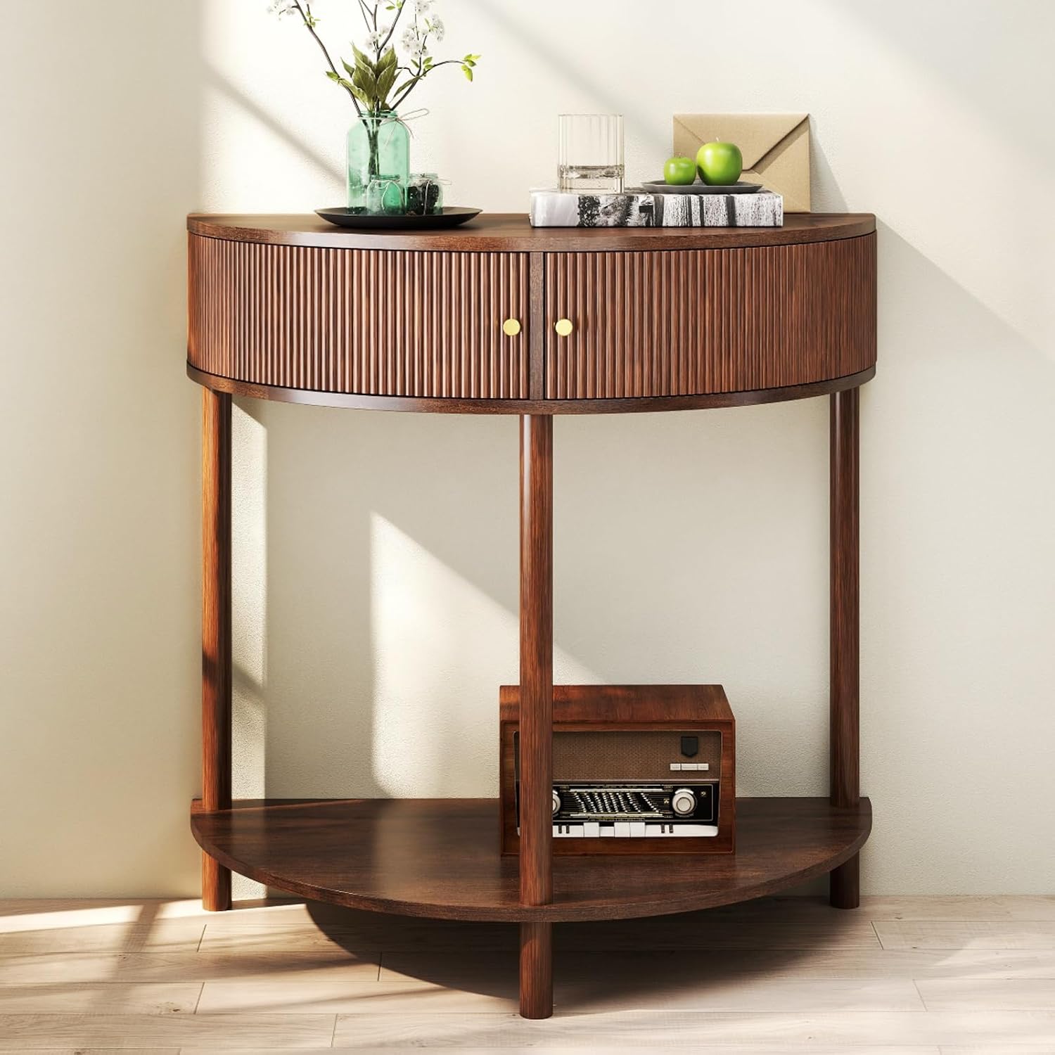 Entryway Table, Artisan-Crafted Half Moon Fluted Console Tables with 2 Rattan Storage,Small Half Circle Tables for Hallway, Narrow Round Accent Decort Table for Living Room (Brown)