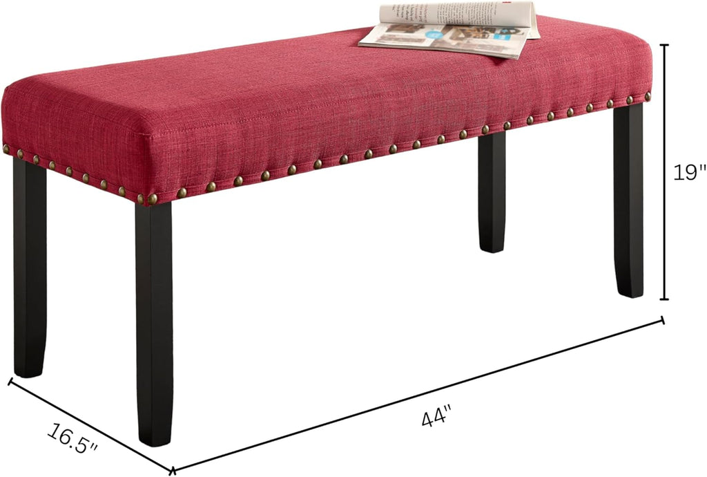 Roundhill Furniture Biony Fabric Dining Bench with Nailhead Trim, Red