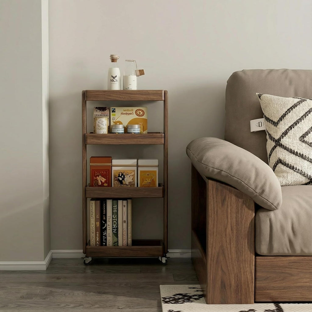 Small Narrow Side Table with Wheels, Skinny End Table for Small Spaces, 4 Tier Side Table for Living Room Bedroom(Walnut, 7.87" D x 15.75" W x 31.89" H)